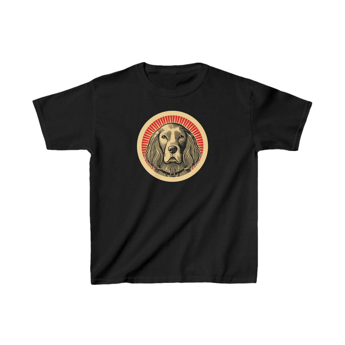 English Setter badge art in a ring of red rays on a kids' tee