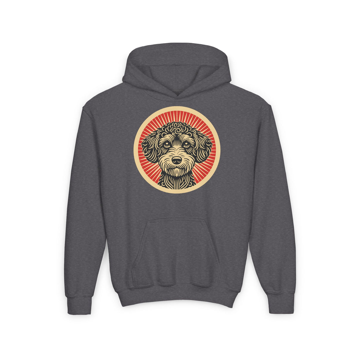 Schnoodle badge art in a ring of red rays on a kids' hoodie