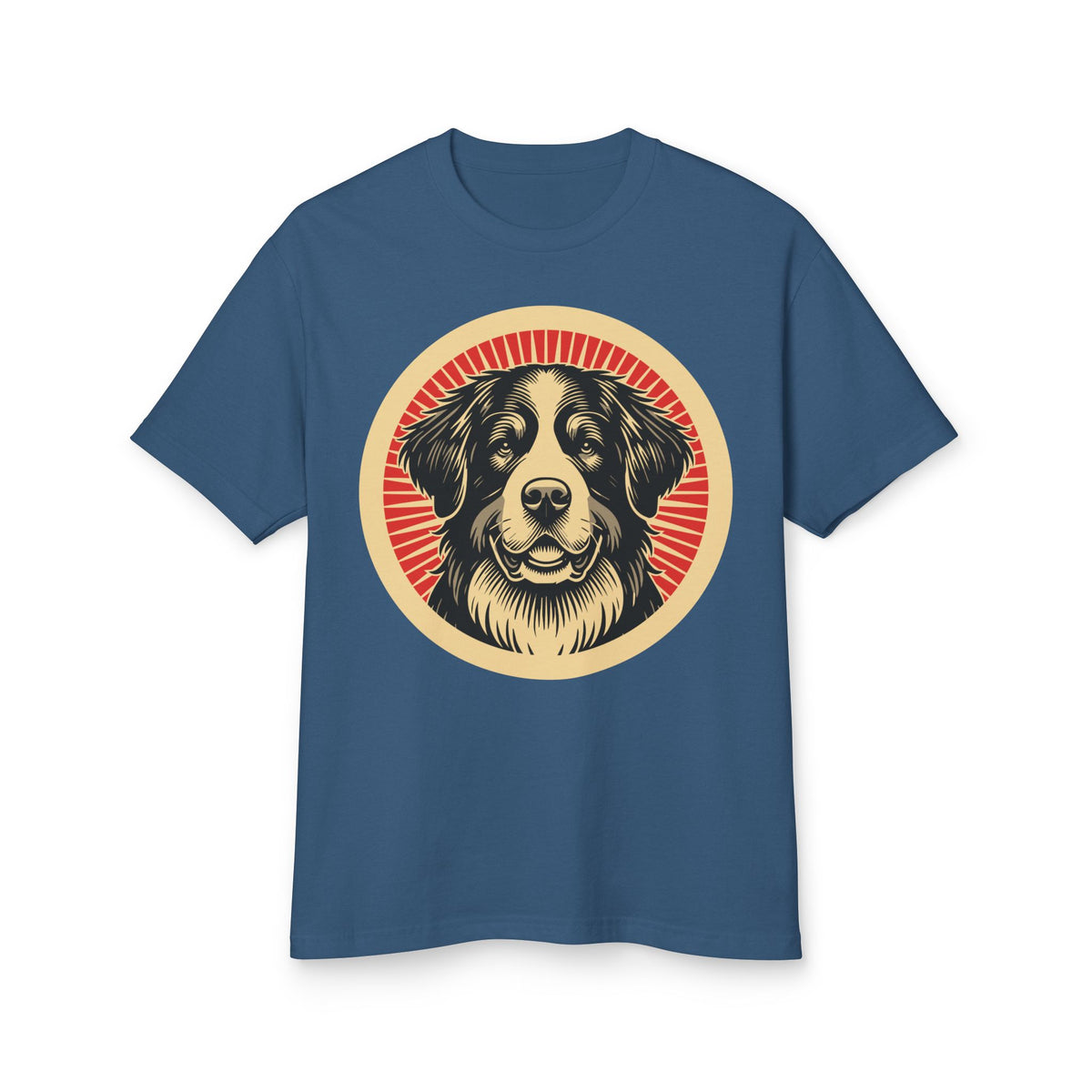 Bernese Mountain Dog badge art in a ring of red rays on a heavyweight tee