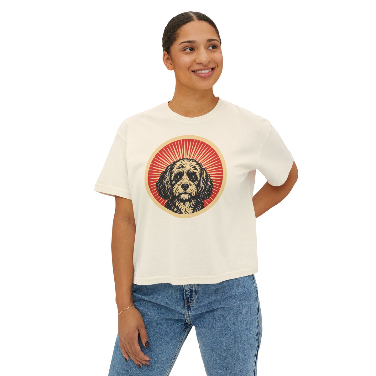 Cavapoo badge art in a ring of red rays on a boxy tee