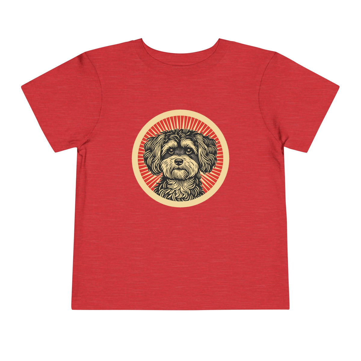 Maltipoo badge art in a ring of red rays on a toddler tee
