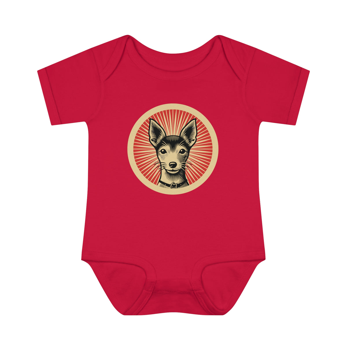 Toy Fox Terrier badge art in a ring of red rays on a baby bodysuit