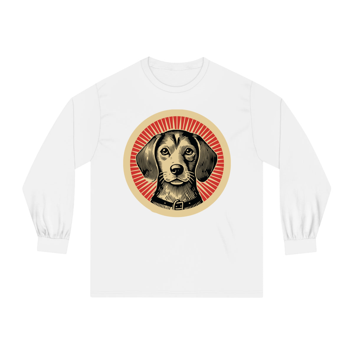 Beaglier badge art in a ring of red rays on a long-sleeve tee