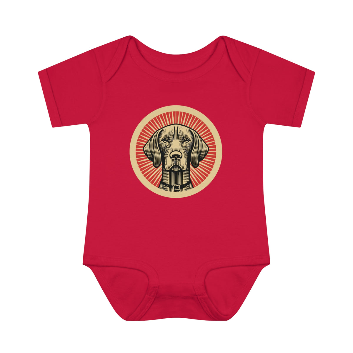 Vizsla badge art in a ring of red rays on a baby bodysuit