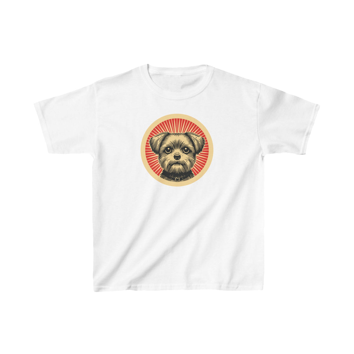 Shorkie badge art in a ring of red rays on a kids' tee