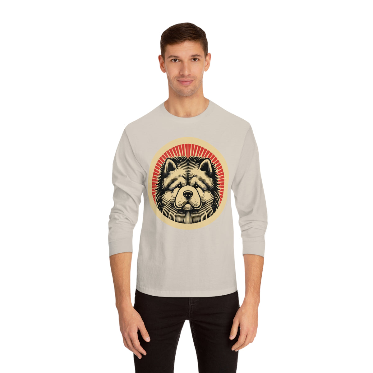 Chow Chow badge art in a ring of red rays on a long-sleeve tee