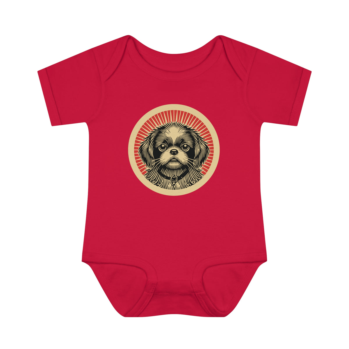 Pekepoo badge art in a ring of red rays on a baby bodysuit