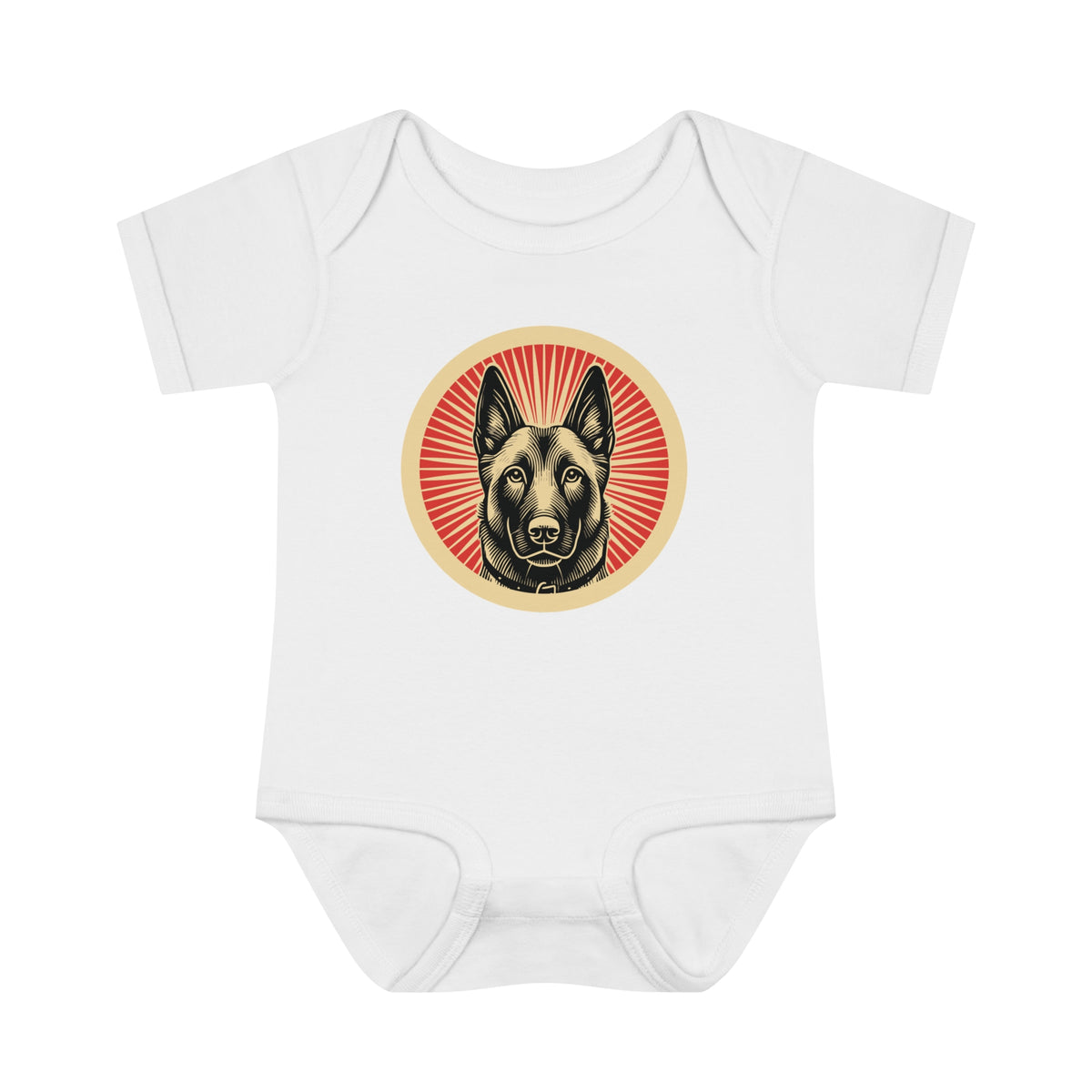 Belgian Malinois badge art in a ring of red rays on a baby bodysuit