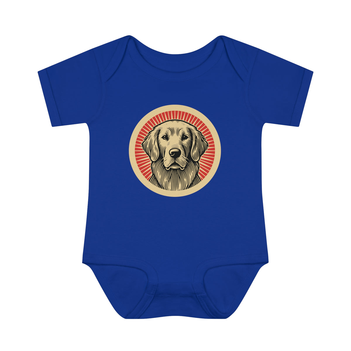 Golden Retriever badge art in a ring of red rays on a baby bodysuit