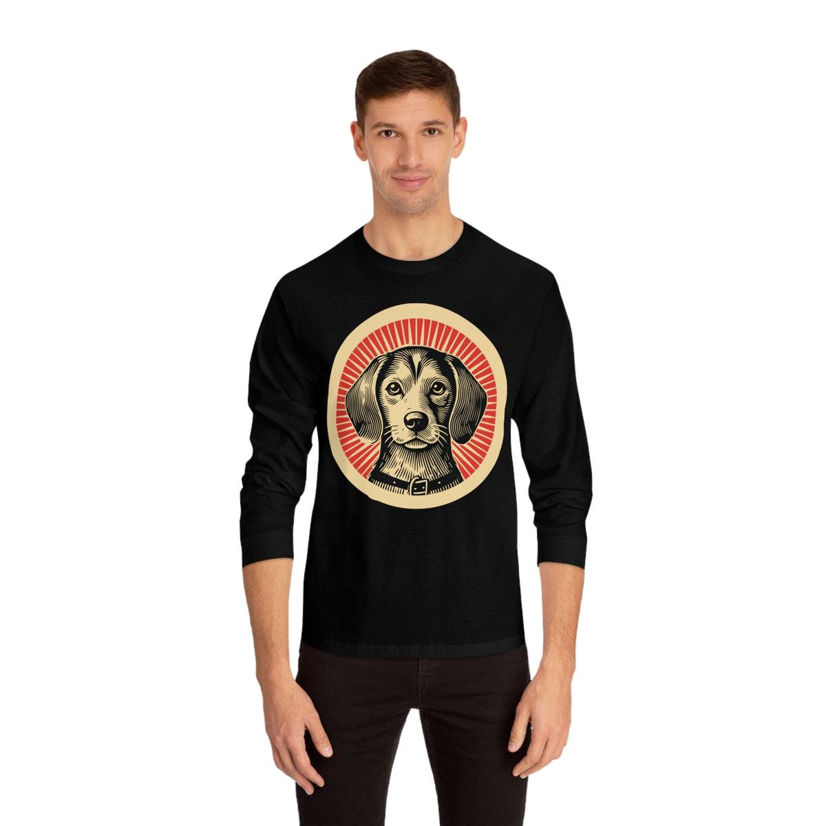 Beaglier badge art in a ring of red rays on a long-sleeve tee