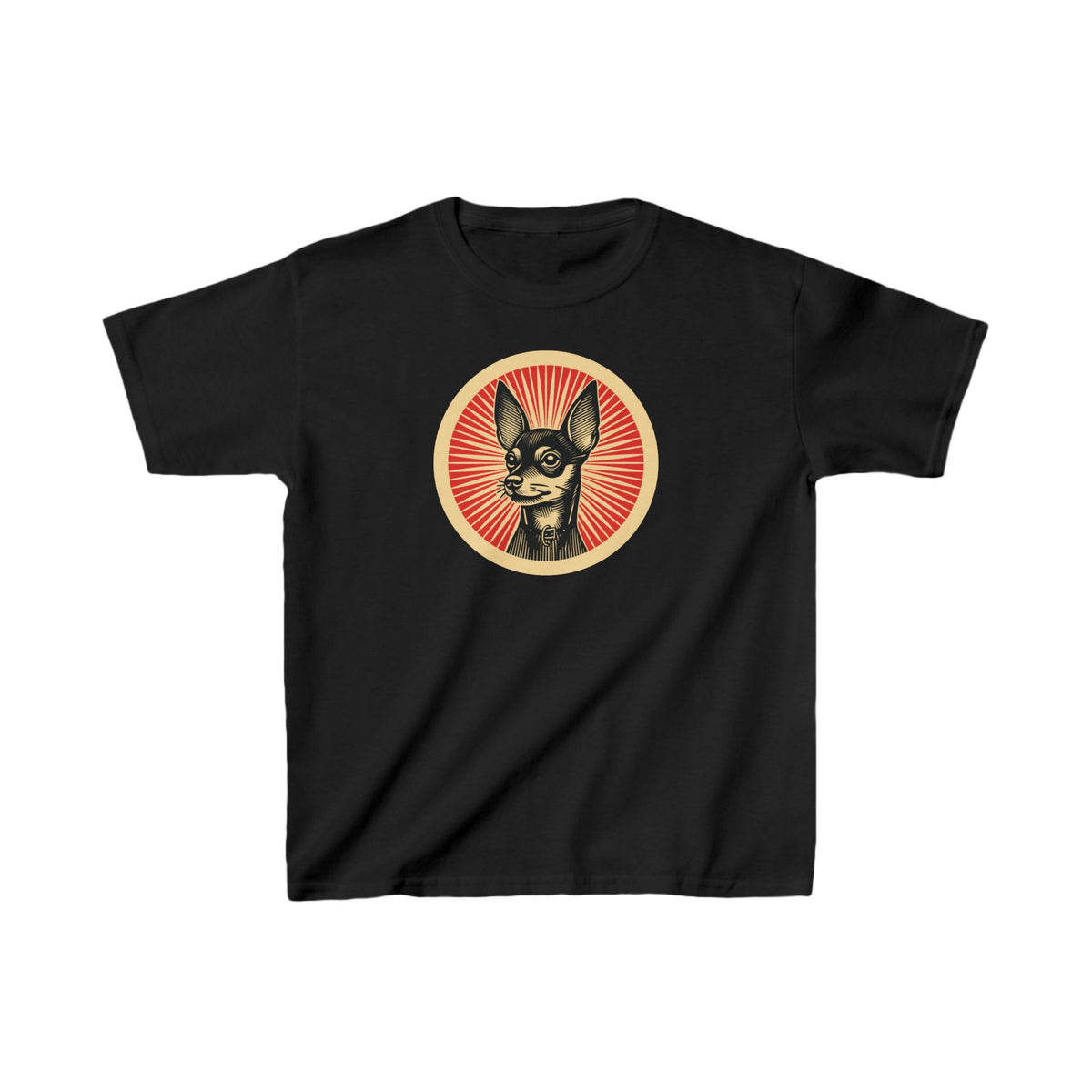 Miniature Pinscher badge art in a ring of red rays on a kids' tee