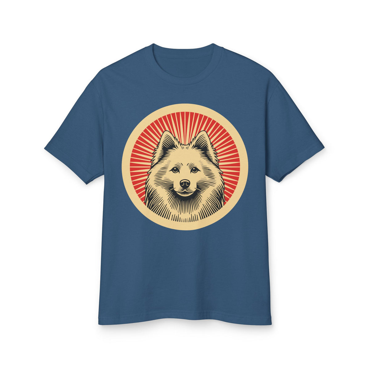 American Eskimo Dog badge art in a ring of red rays on a heavyweight tee