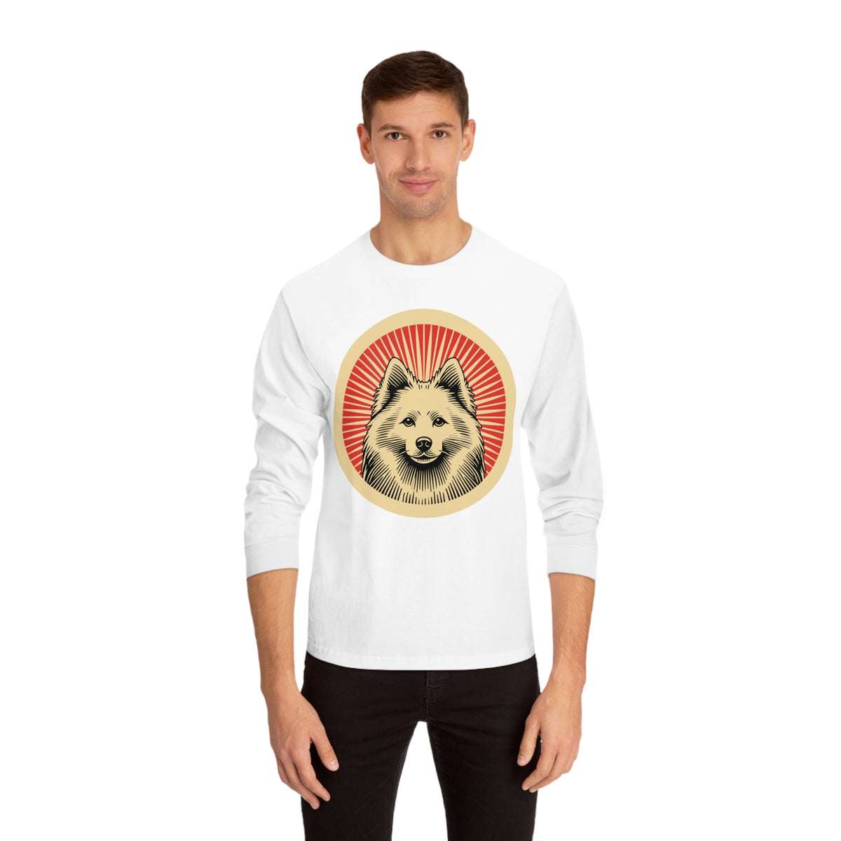 American Eskimo Dog badge art in a ring of red rays on a long-sleeve tee