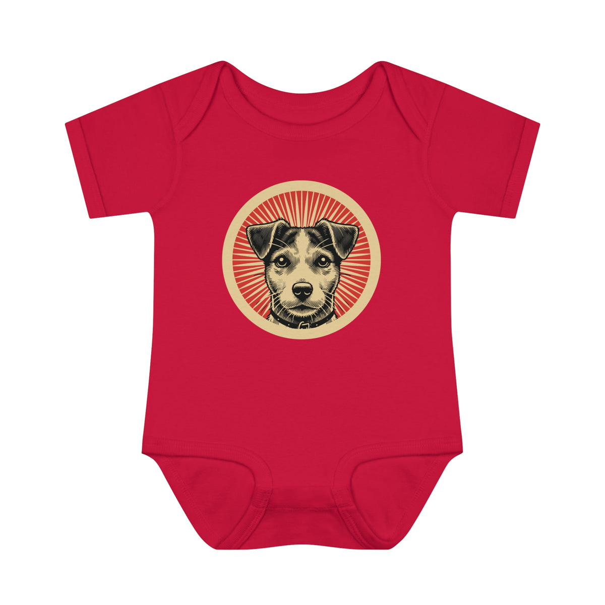 Jack Russell Terrier badge art in a ring of red rays on a baby bodysuit