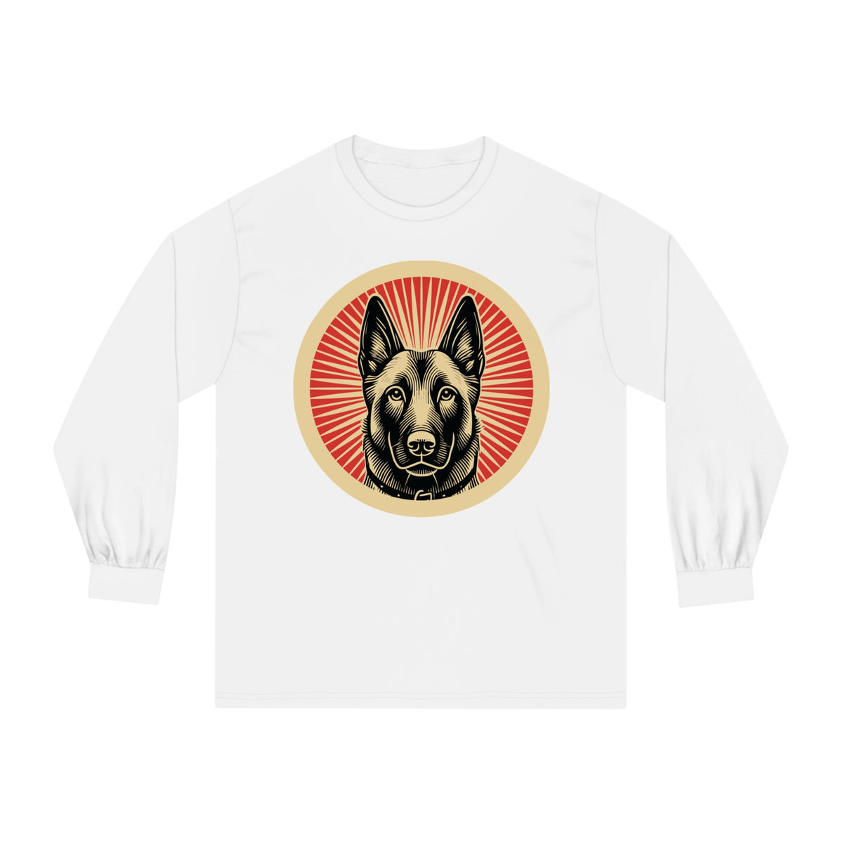 Belgian Malinois badge art in a ring of red rays on a long-sleeve tee