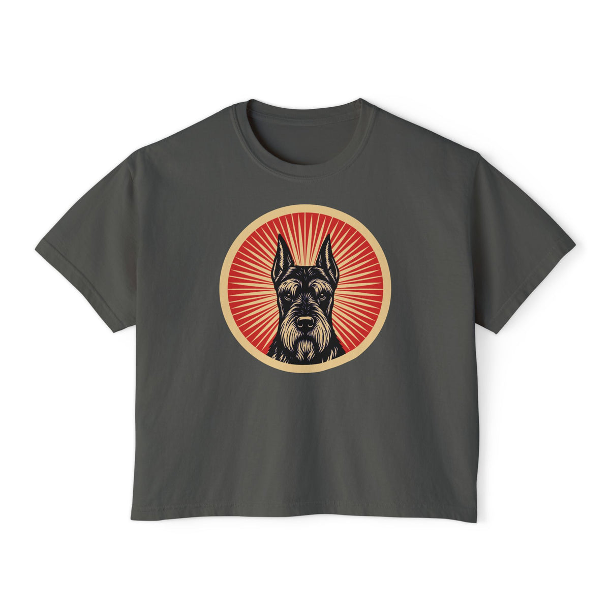 Giant Schnauzer badge art in a ring of red rays on a boxy tee