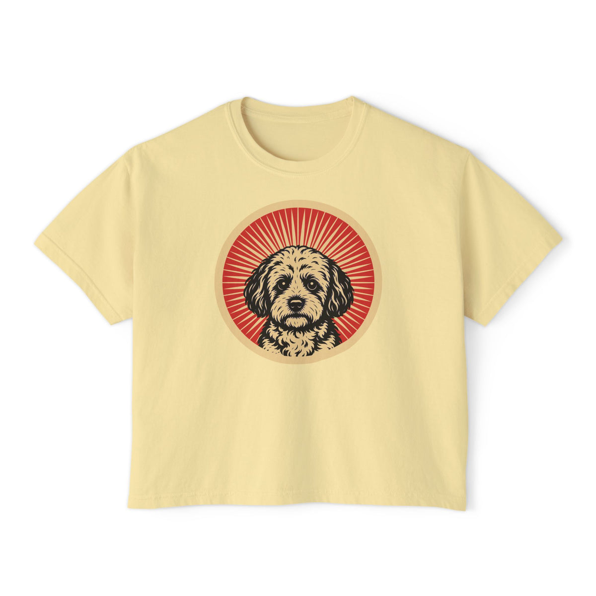 Poochon badge art in a ring of red rays on a boxy tee