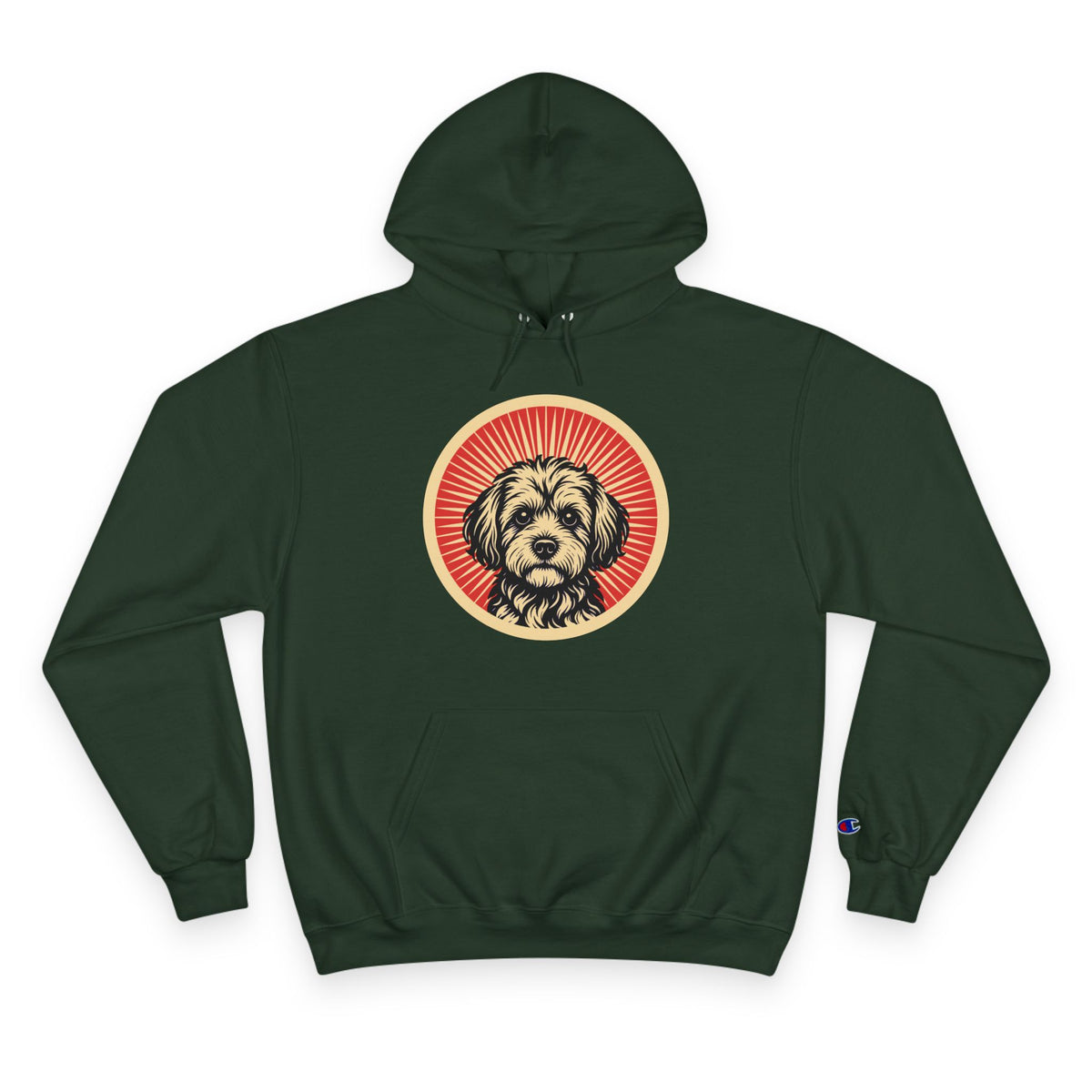 Yorkipoo badge art in a ring of red rays on a champion hoodie