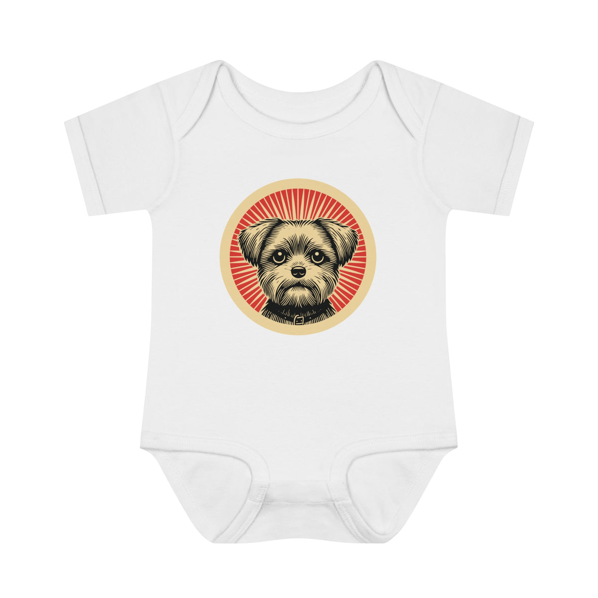 Shorkie badge art in a ring of red rays on a baby bodysuit