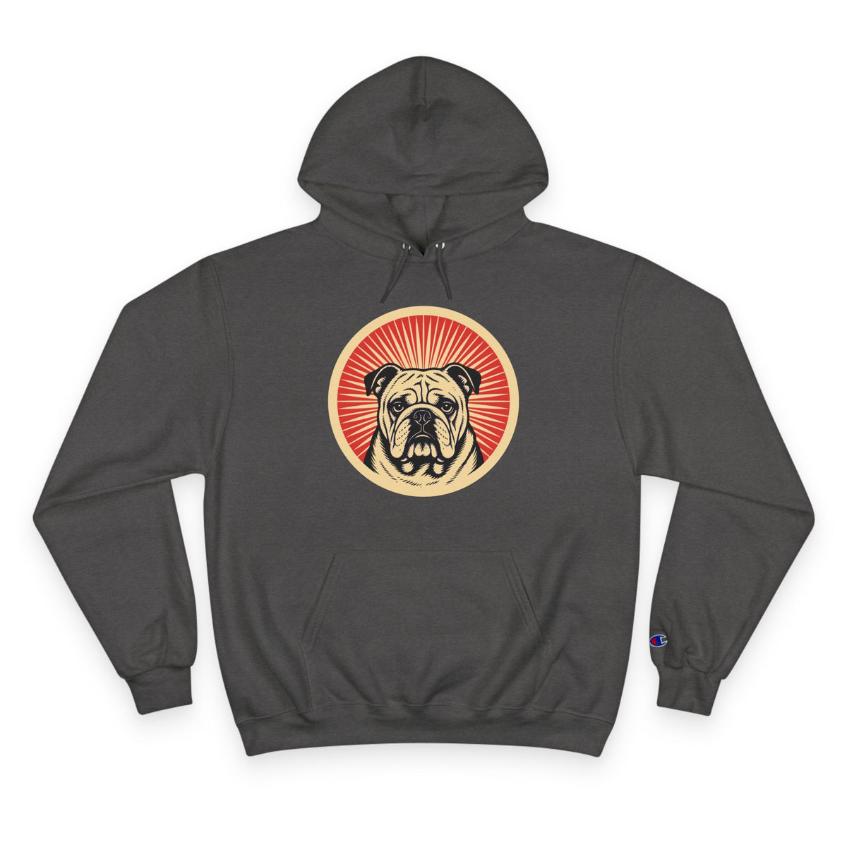 Bulldog badge art in a ring of red rays on a champion hoodie
