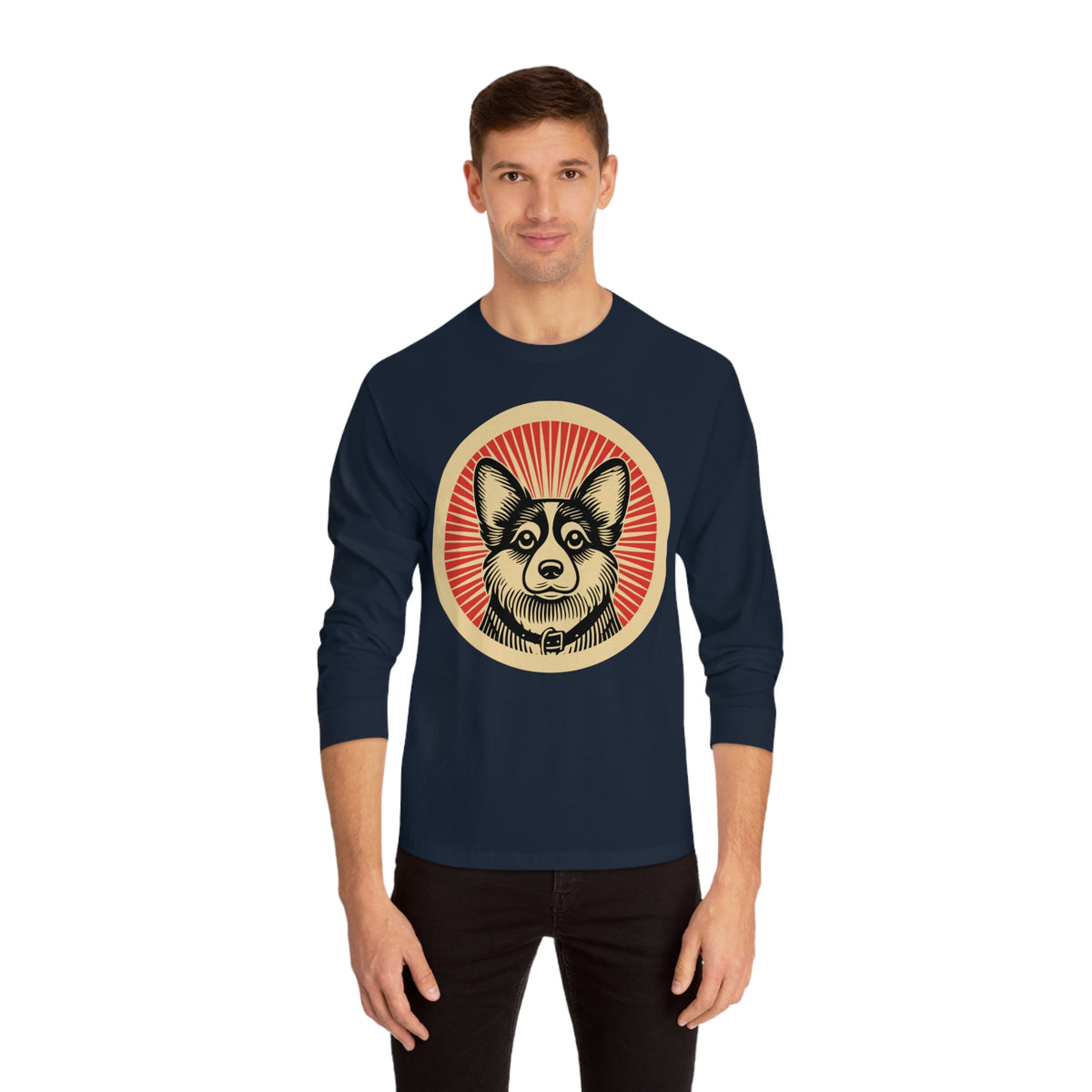 Corgipoo badge art in a ring of red rays on a long-sleeve tee