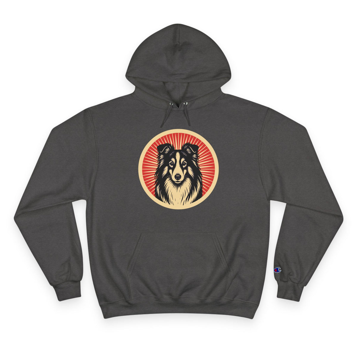 Shetland Sheepdog badge art in a ring of red rays on a champion hoodie