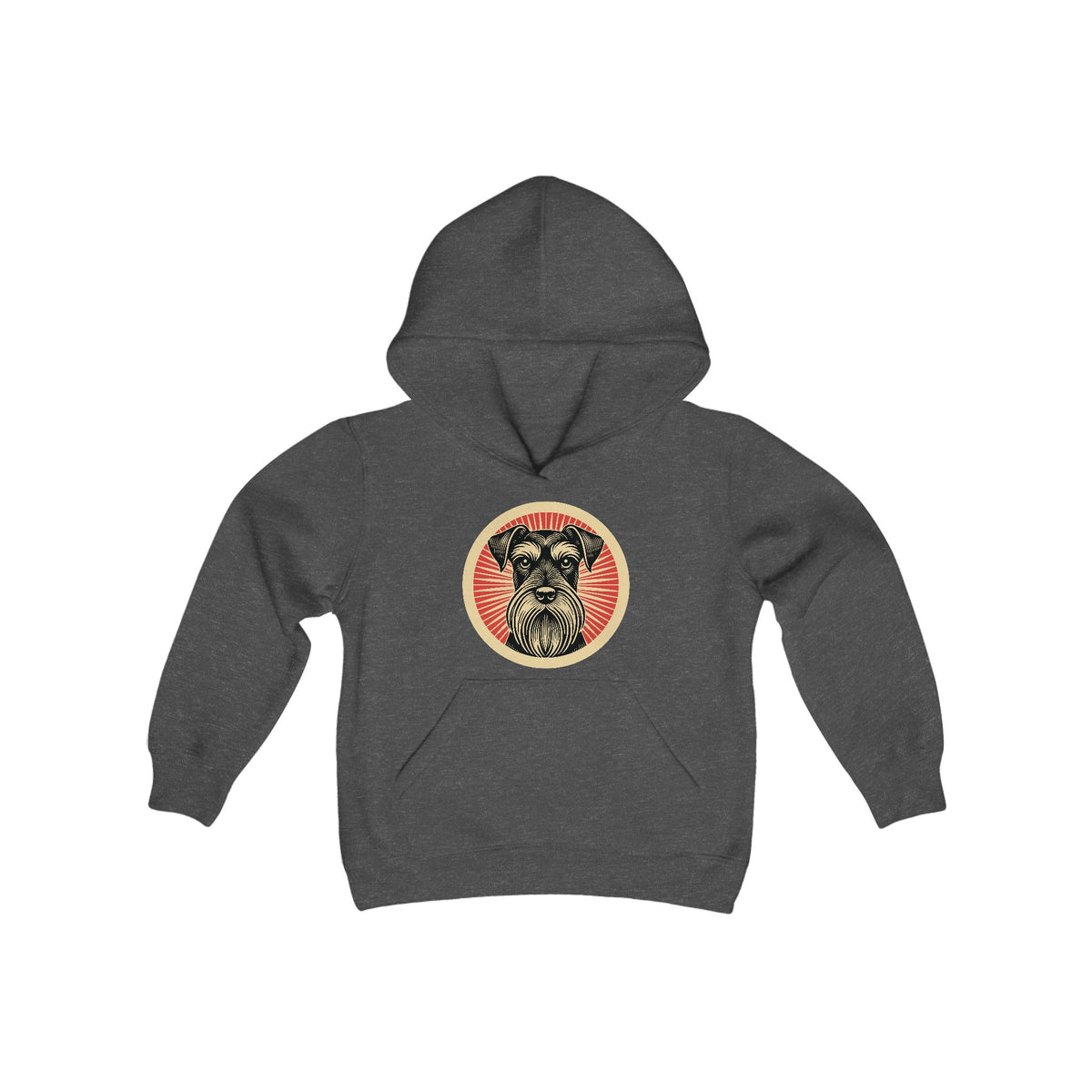 Standard Schnauzer badge art in a ring of red rays on a kids' hoodie