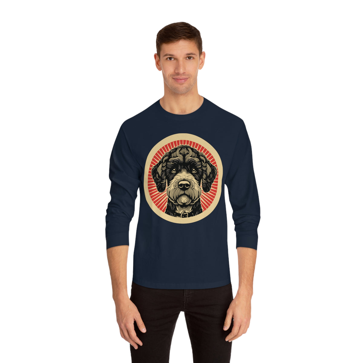 Boxerdoodle badge art in a ring of red rays on a long-sleeve tee