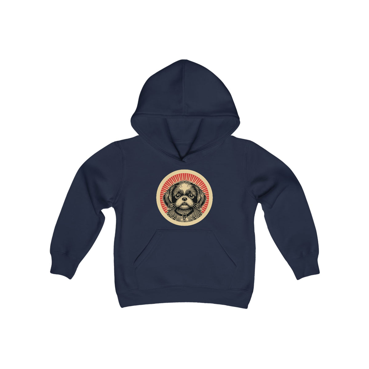Pekepoo badge art in a ring of red rays on a kids' hoodie