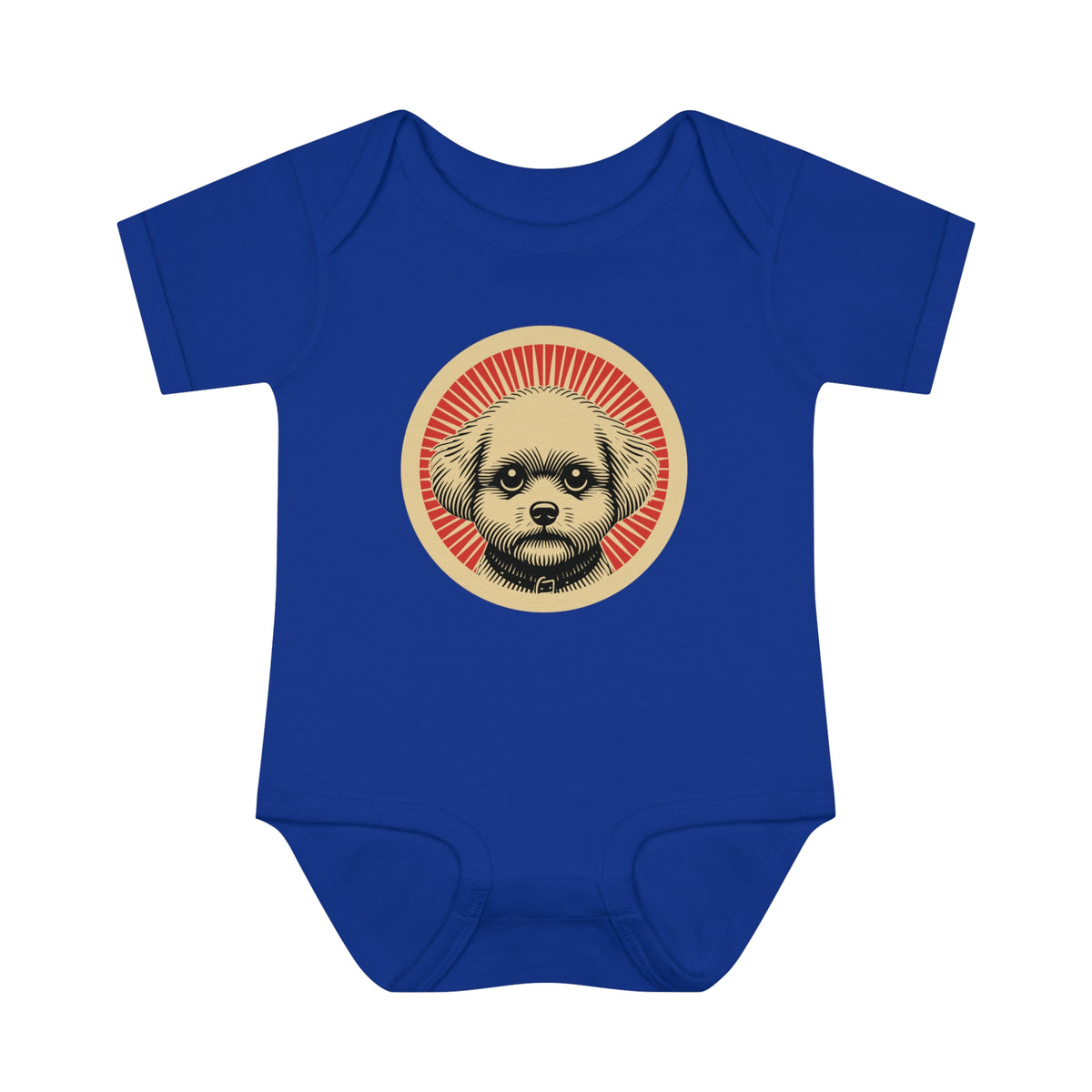 Bichon Frise badge art in a ring of red rays on a baby bodysuit