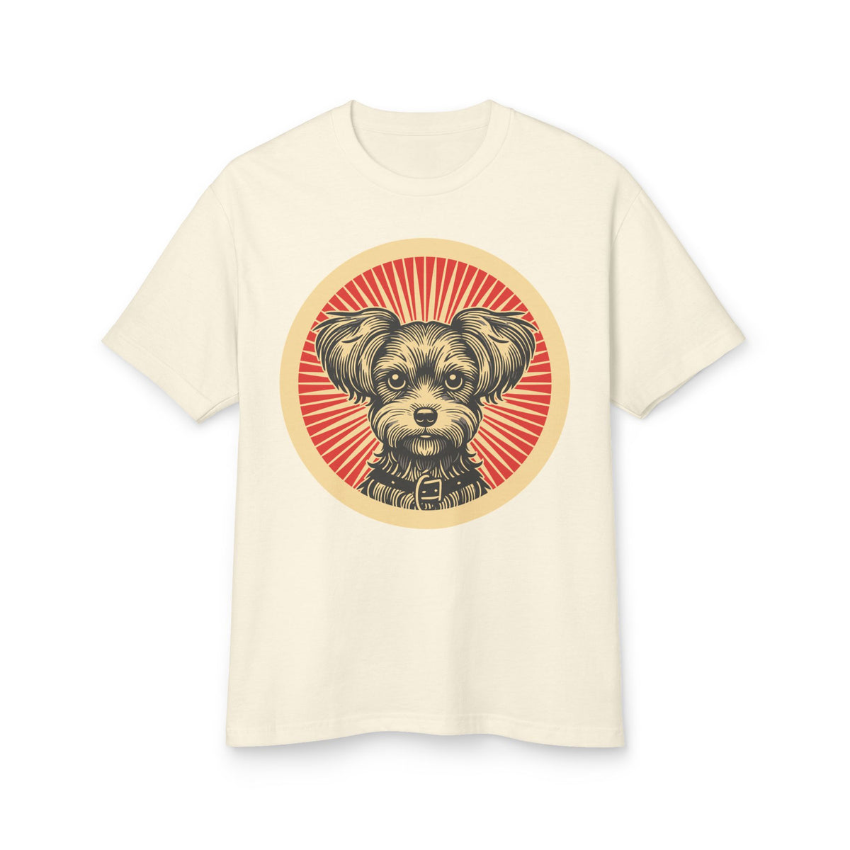 Yorkipoo badge art in a ring of red rays on a heavyweight tee