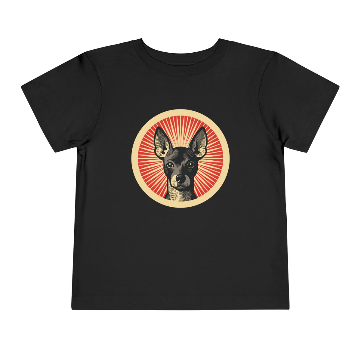Xoloitzcuintle badge art in a ring of red rays on a toddler tee