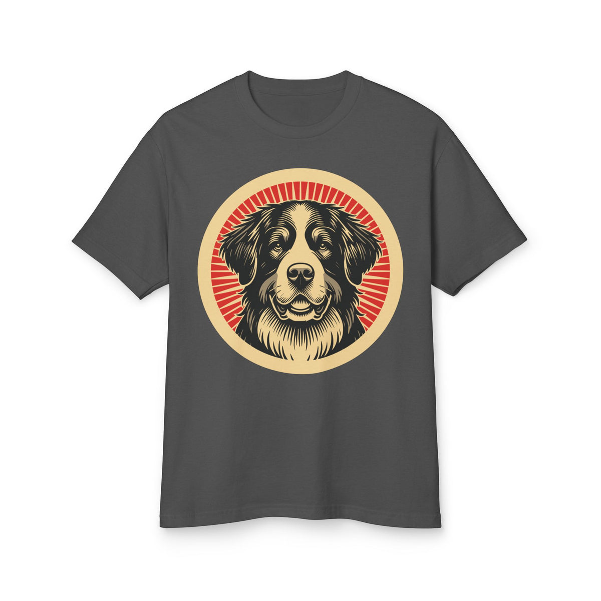 Bernese Mountain Dog badge art in a ring of red rays on a heavyweight tee