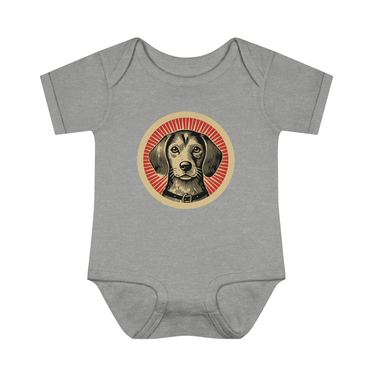 Beaglier badge art in a ring of red rays on a baby bodysuit