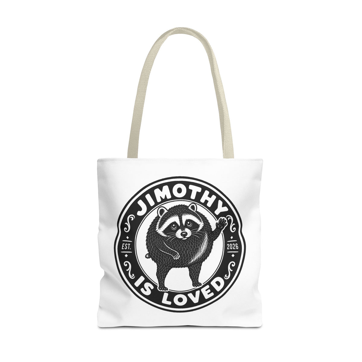 Personalized Raccoon Tote — "Jimothy Is Loved" Graphic Tote Bag