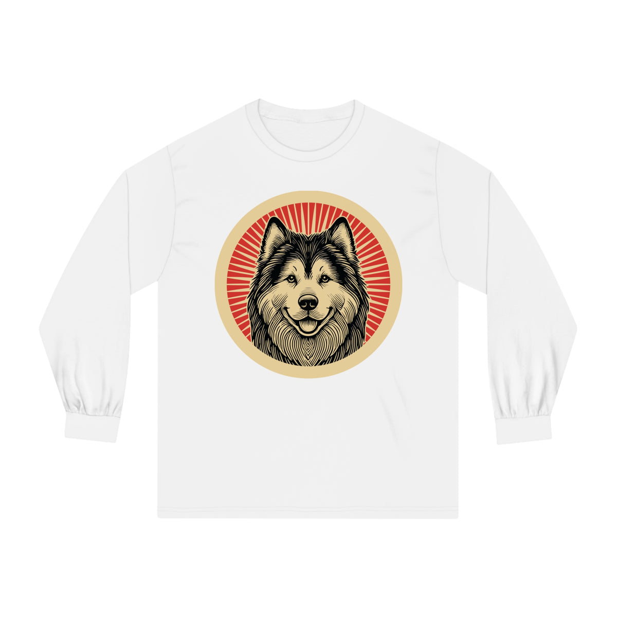 Alaskan Malamute badge art in a ring of red rays on a long-sleeve tee