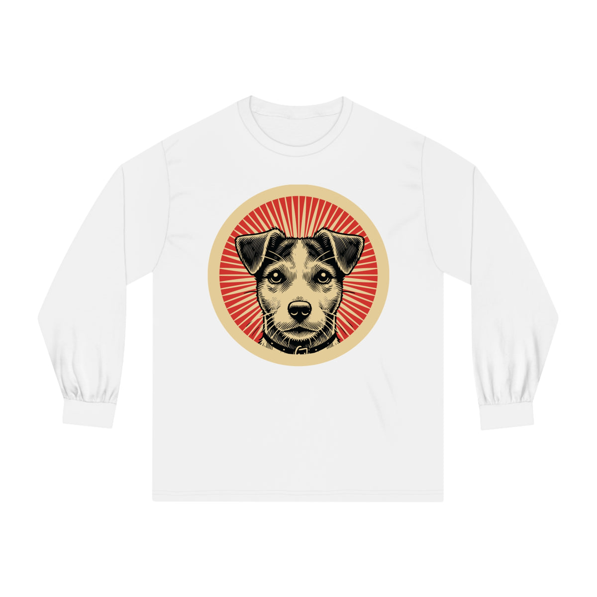 Jack Russell Terrier badge art in a ring of red rays on a long-sleeve tee