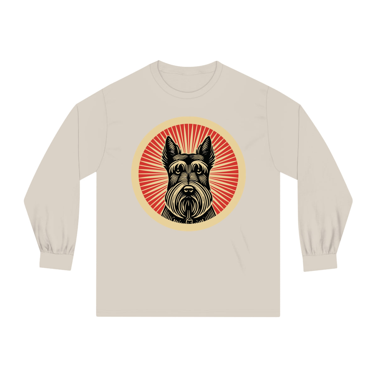 Scottish Terrier badge art in a ring of red rays on a long-sleeve tee