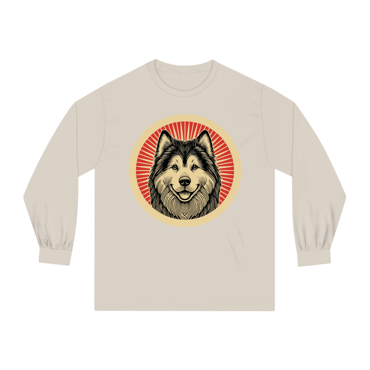 Alaskan Malamute badge art in a ring of red rays on a long-sleeve tee