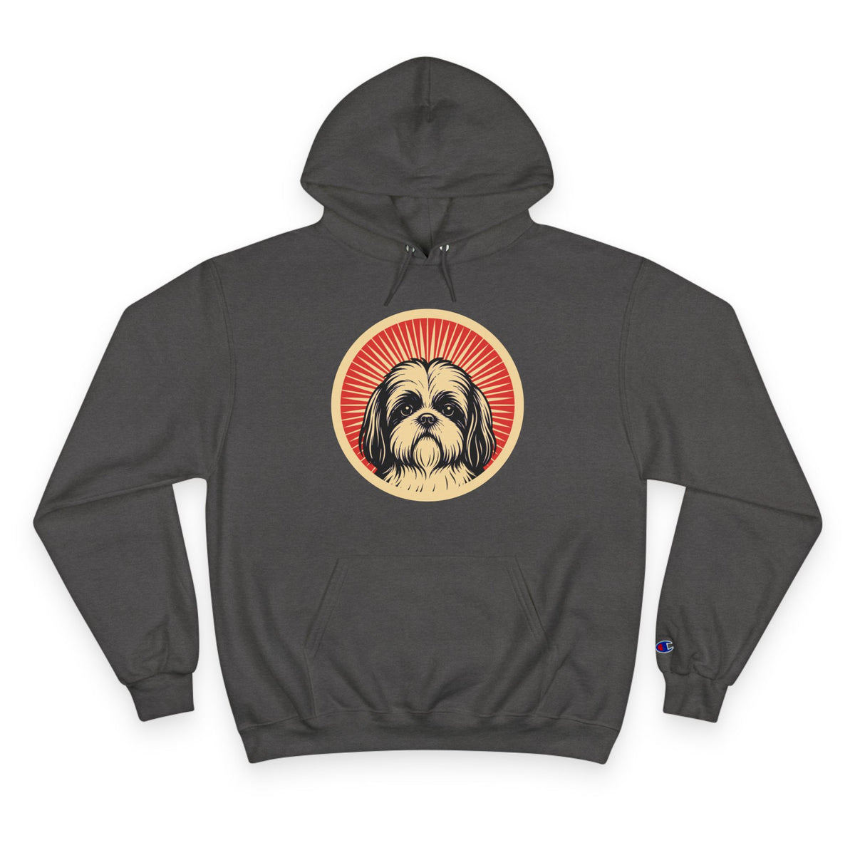 Pekepoo badge art in a ring of red rays on a champion hoodie