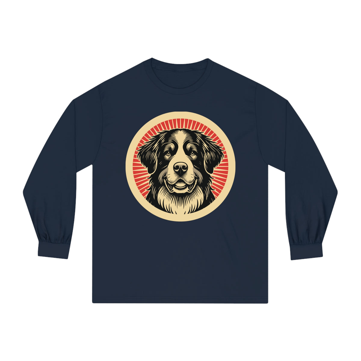 Bernese Mountain Dog badge art in a ring of red rays on a long-sleeve tee