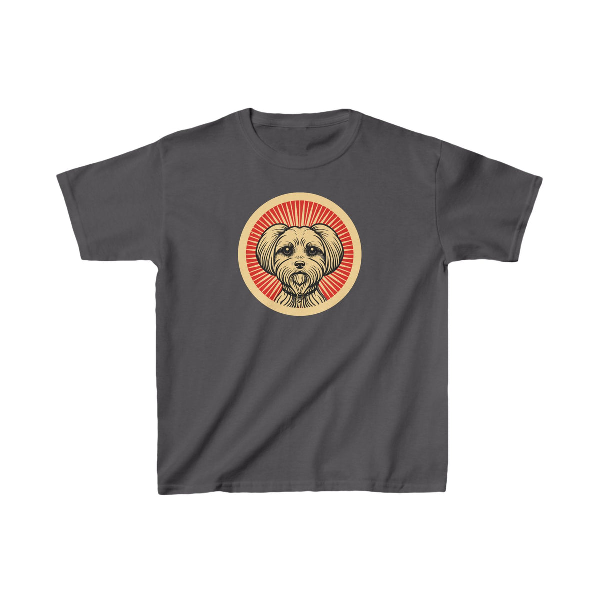 Maltese badge art in a ring of red rays on a kids' tee
