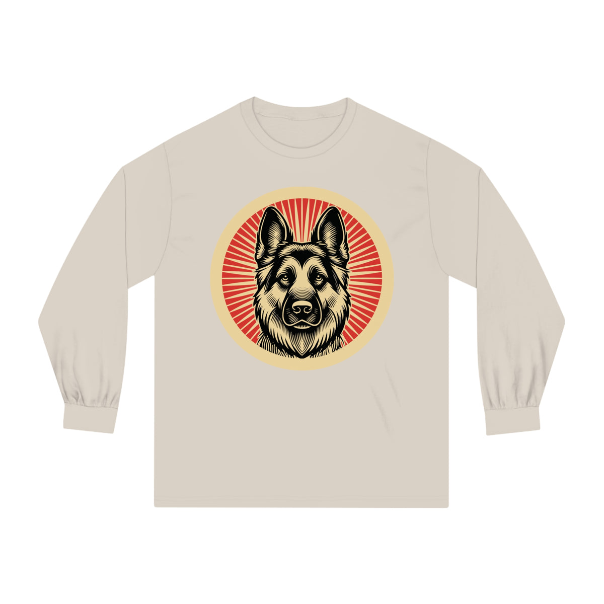 German Shepherd badge art in a ring of red rays on a long-sleeve tee