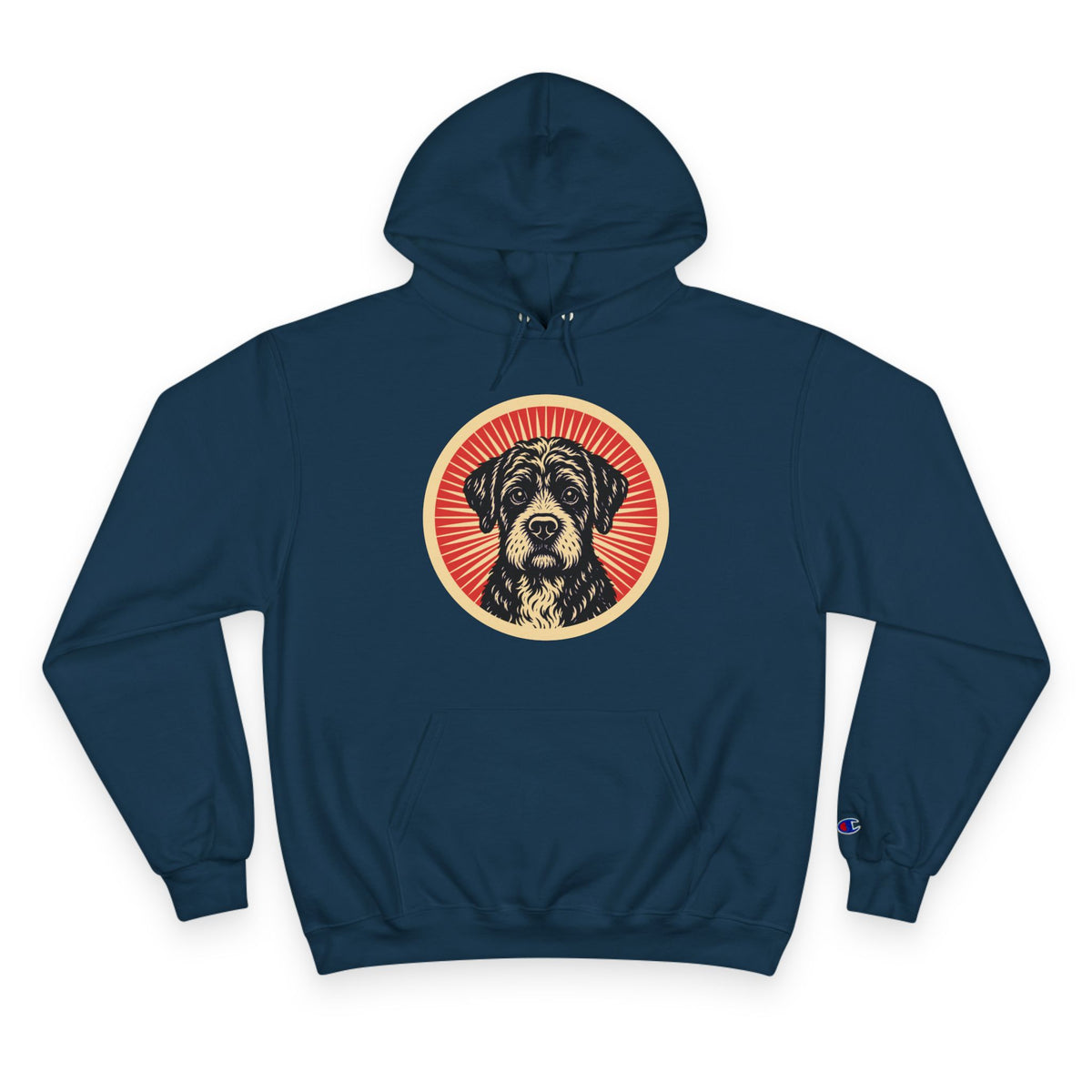 Boxerdoodle badge art in a ring of red rays on a champion hoodie