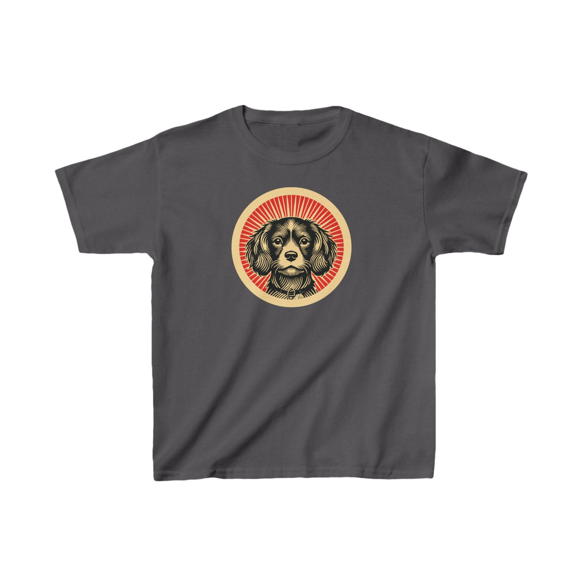 Cavachon badge art in a ring of red rays on a kids' tee
