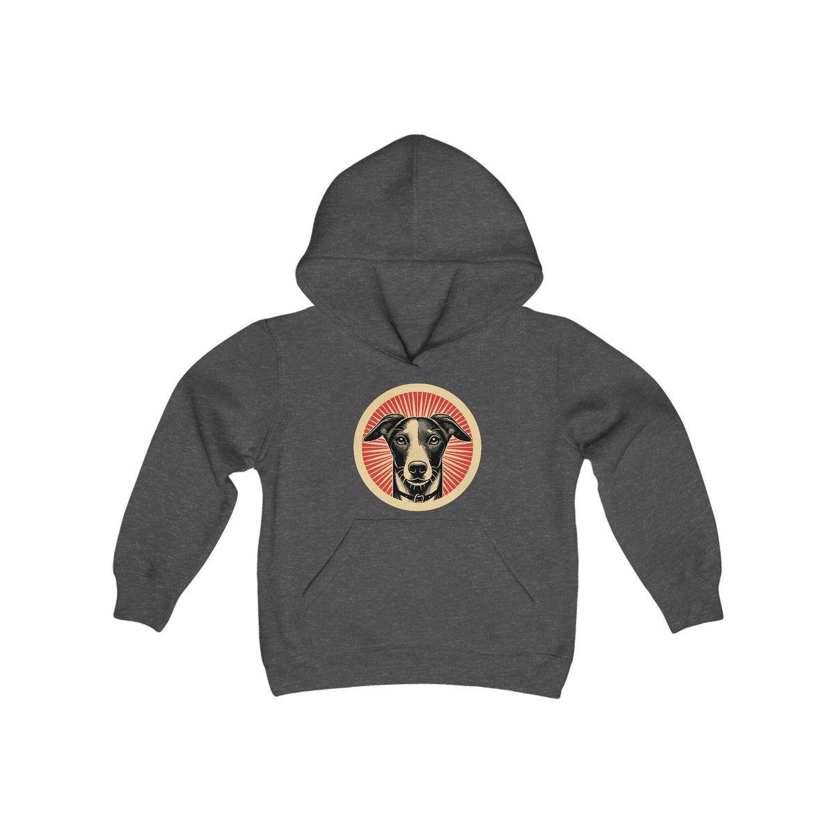Whippet badge art in a ring of red rays on a kids' hoodie