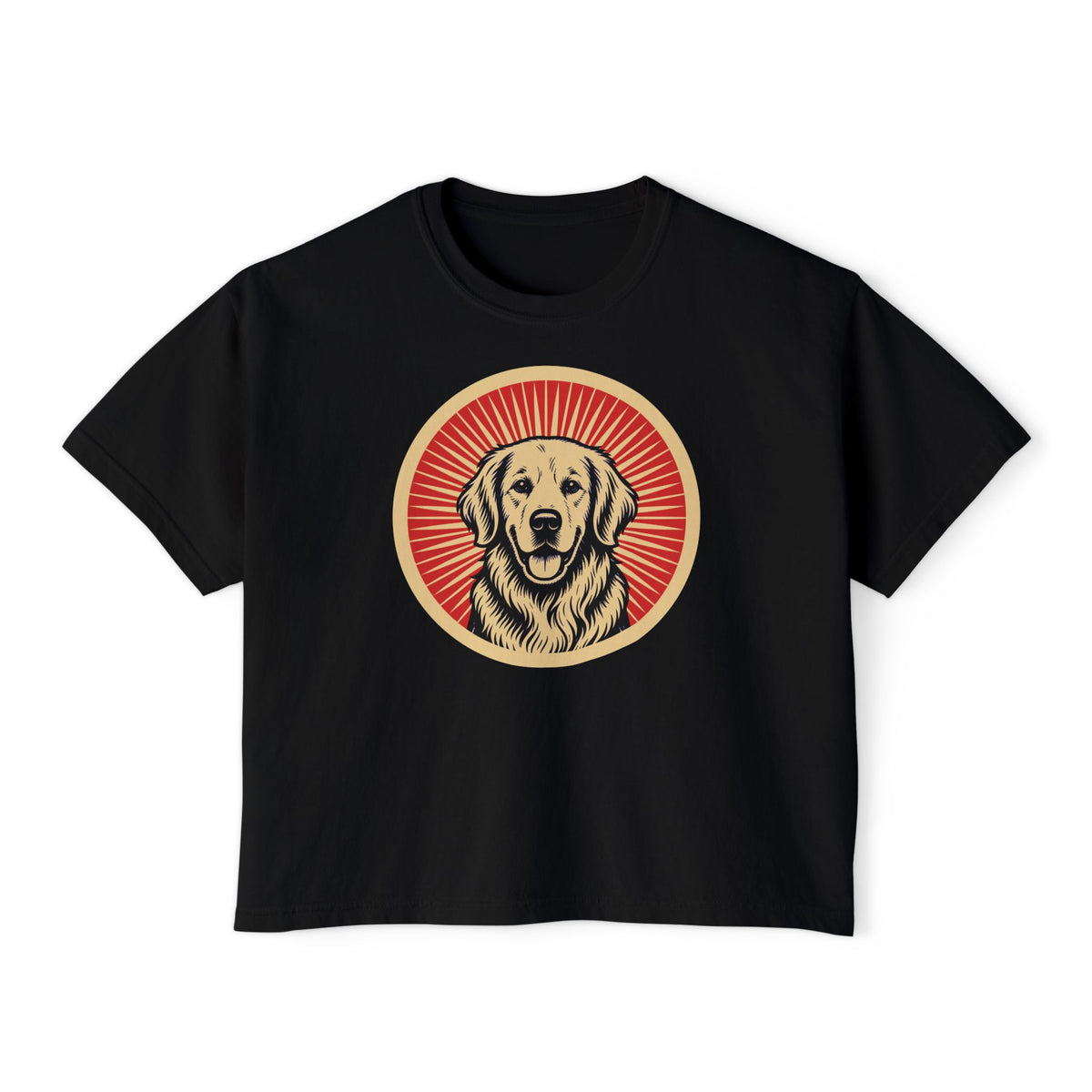 Golden Retriever badge art in a ring of red rays on a boxy tee