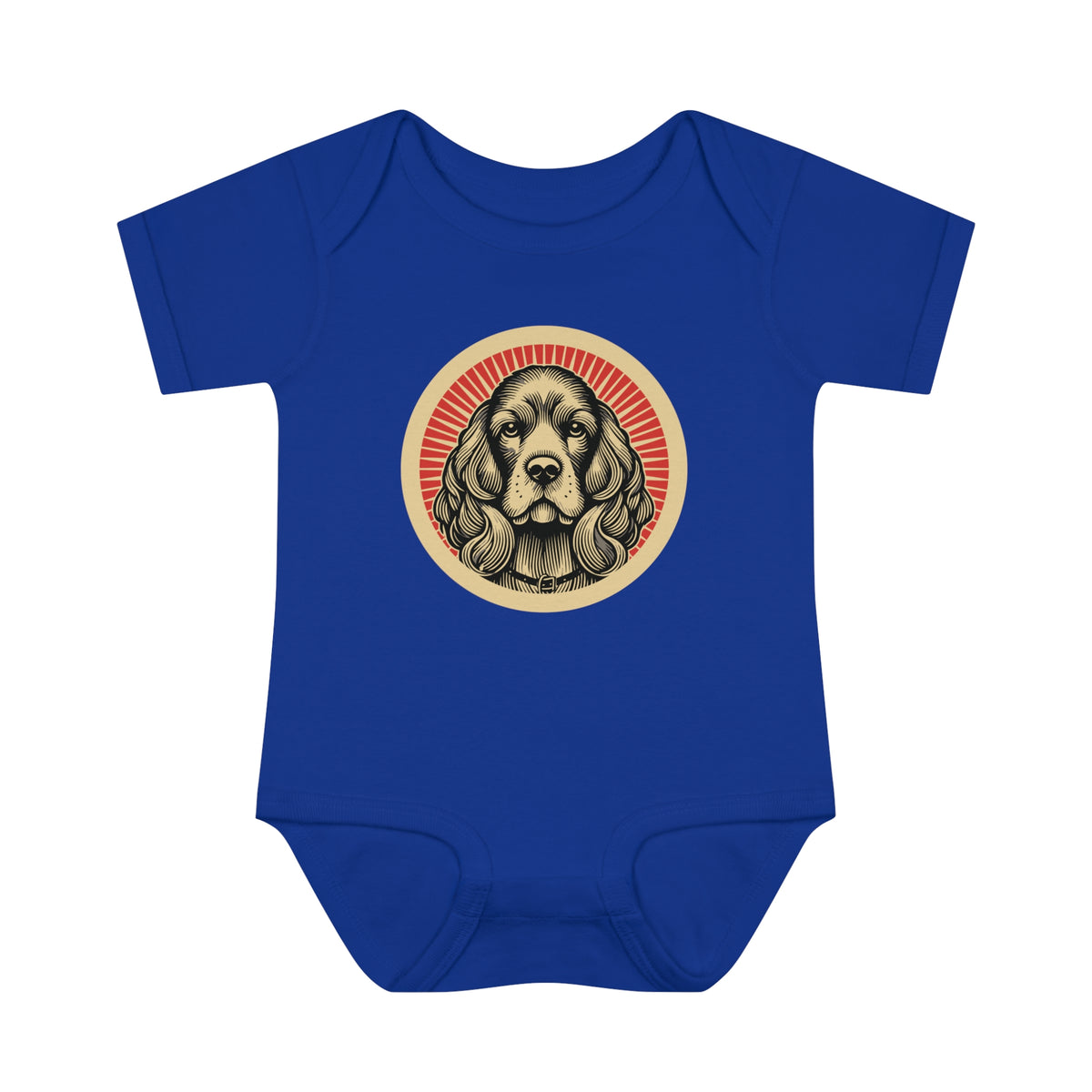 Cavalier King Charles Spaniel badge art in a ring of red rays on a baby bodysuit