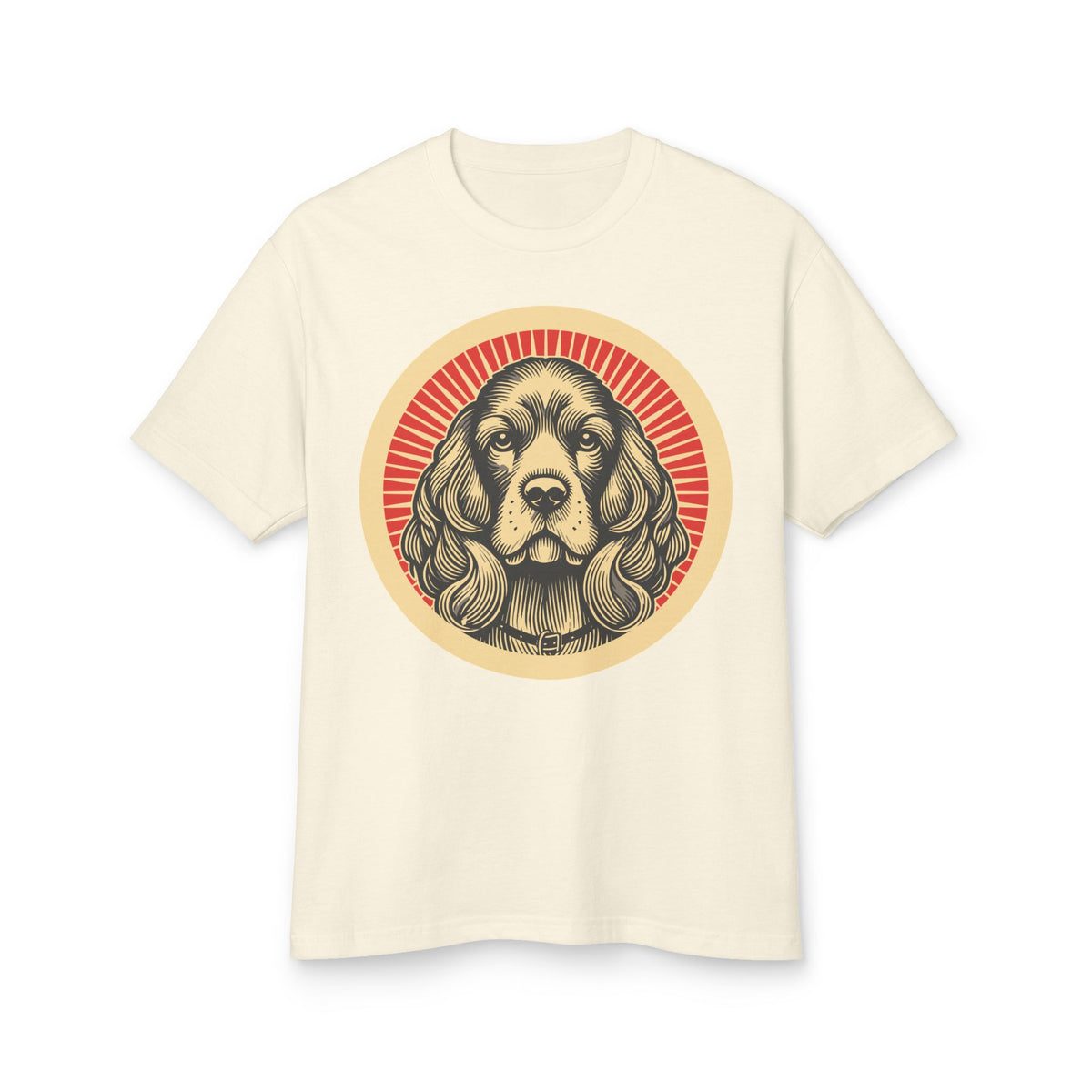 Cavalier King Charles Spaniel badge art in a ring of red rays on a heavyweight tee