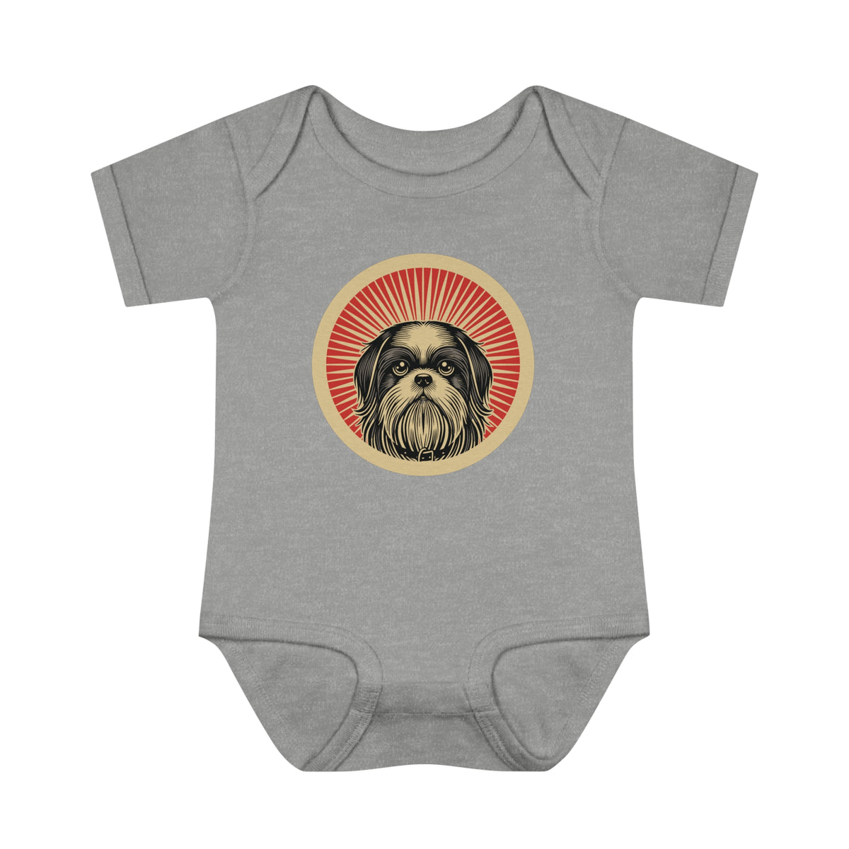 Shih Tzu badge art in a ring of red rays on a baby bodysuit